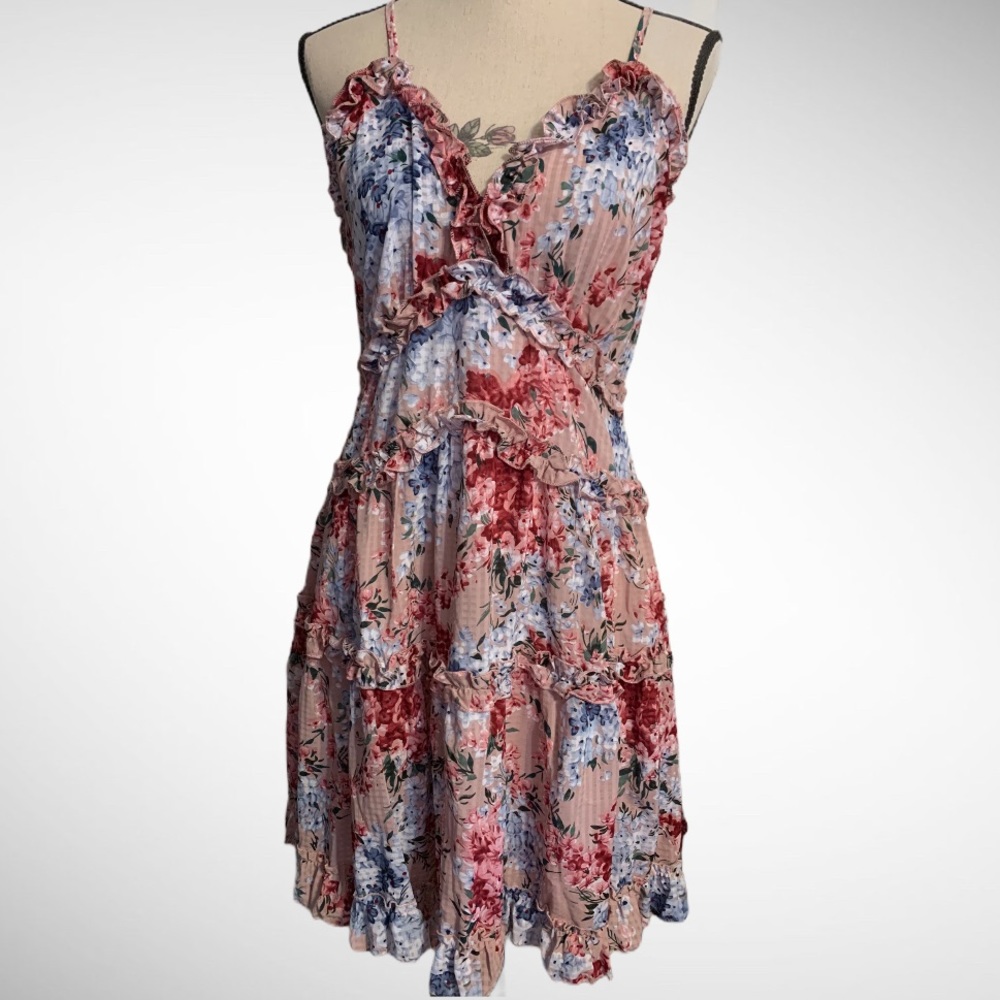 MAUVE PINK FLORAL PRINT CRISS CROSS RUFFLE DRESS - Picture 4 of 15